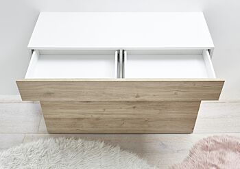 Madia moderna, 1 anta ribalta 1 cassetto, finitura Bianco laccato lucido e Rovere cadiz