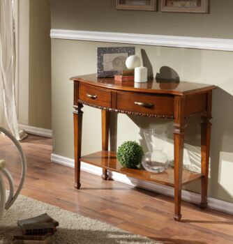 Elegante Consolle sagomata in legno finitura bassano, con ripiano inferiore e due cassetti 93x78