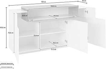 Madia moderna di design con 3 ante e una ribalta in finitura Bianco lucido e Pero