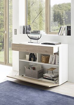 Madia moderna, 1 anta ribalta 1 cassetto, finitura Bianco laccato lucido e Rovere cadiz