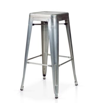Sgabello alto in lamiera, colore argento. Stile Industry