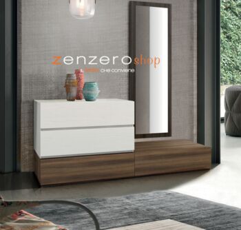 Comò particolare largo con 4 cassetti di alta qualità in finitura Frassinato bianco e Quercia Brown