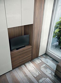 Armadio a 6 ante battenti con vano tv  di alta qualità in finitura Frassinato bianco  e Quercia brown