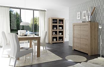 Sala di design composta da Madia alta, Libreria e Tavolo, finitura Rovere Cadiz