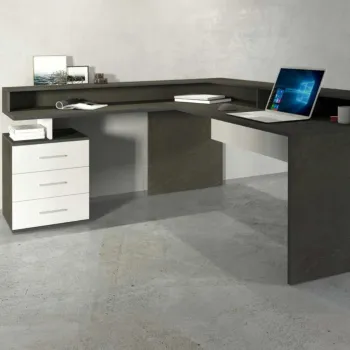 Scrivania angolare 3 cassetti, 180/160x90x60 h cm, Bianco laccato lucido e Ardesia