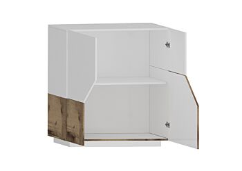 Innovativa Credenza geometrica alta 2 ante, colore Bianco lucido e Pero 