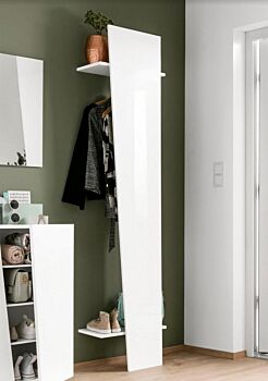 Appendiabiti di design, bianco laccato lucido con tubo appendiabiti e due mensole