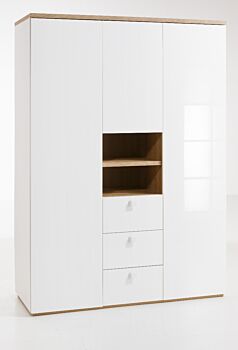 Armadio con 3 ante battenti e 3 cassetti in finitura Bianco laccato e Rovere 