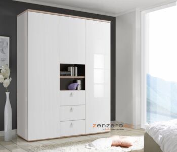 Armadio con 3 ante battenti e 3 cassetti in finitura Bianco laccato e Rovere 
