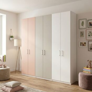 Armadio camerette a 6 ante, Flamingo, Gesso e Bianco opaco, L.270
