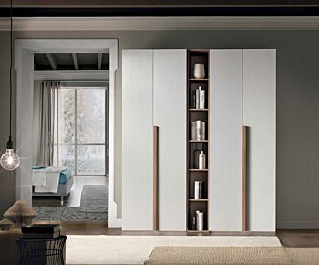 Moderno Armadio scontato 4 ante battenti con libreria, finitura Noce bianco 