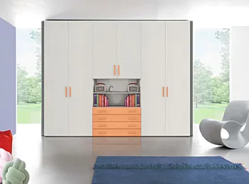 Armadio moderno L.271 a 6 ante e 4 cassetti H.257, finiture Rovere Bianco e Papaya
