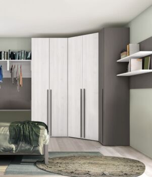 Armadio ad angolo per camerette in finitura Rovere bianco e Grigio Titanio