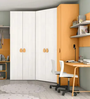 Armadio ad angolo per camerette in finitura Rovere Bianco e Miele