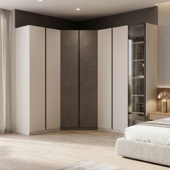 Armadio angolare 7 ante battenti, Cashmere e Bronzo con anta vetro