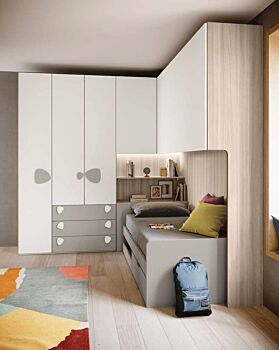 Cameretta con ponte per bambini, finitura Bianco, Grigio seta e Olmo natura