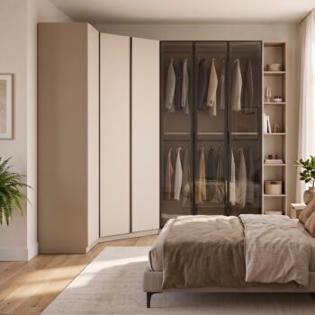 Armadio angolare, finitura Cashmere con libreria