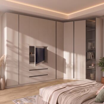 Armadio con pannello tv e cabina, Cashmere e Antracite, 396x166 