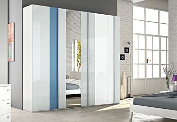 Armadio battente 6 ante con specchio, Bianco frassinato, vetro Azzurro, Ghiaccio e Grigio