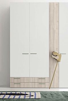 Armadio battente con cassetti per camerette, finitura Rovere white e Ciliegio bianco
