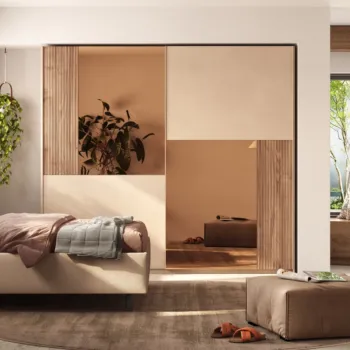 Armadio 2 ante scorrevoli specchi bronzo, Cashmere e cannettato Noce caramello