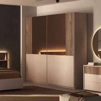 Armadio 2 ante scorrevoli, Cashmere e cannettato Noce caramello, specchi bronzo
