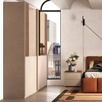 Armadio 2 ante scorrevoli, Cashmere e cannettato Noce caramello, specchi bronzo