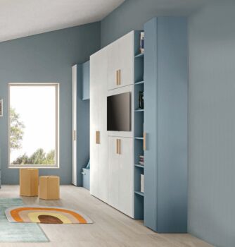 Armadio con porta tv e libreria, finitura Cemento artico, Cadaques e Royal oak