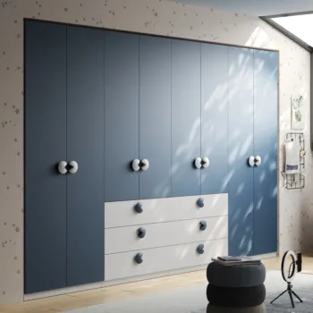 Armadio 8 ante con cassetti, Bianco opaco e Blu navy, L.369