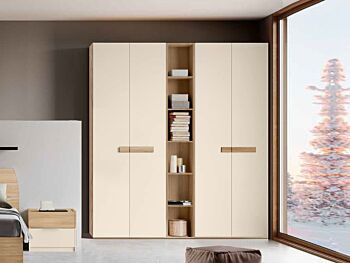 Armadio con libreria a 4 ante battenti, finitura Orzo e Noce biondo