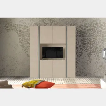 Armadio moderno con vano porta tv, Argilla  spatolato e finiture Bianco altea