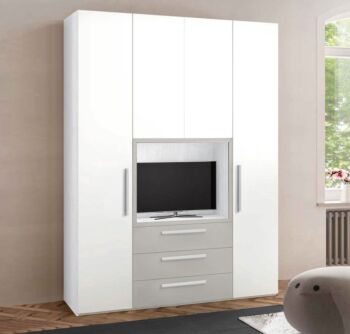 Armadio Bianco Larice e Grigio Seta con 4 ante e 3 cassetti e Vano TV