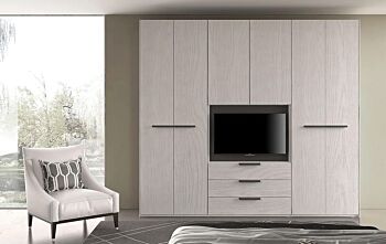 Armadio Allodola con 6 ante battenti e vano Tv, colore Frassino gesso 