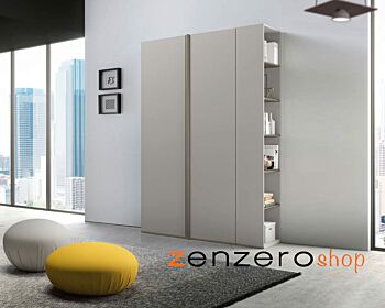 Armadio di design, 2 ante e libreria laterale, finitura Grigio seta e Grigio cenere