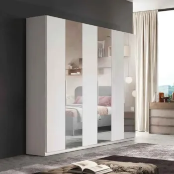 Armadio 6 ante, 274x240h cm, Bianco lucido con specchi, collezione Mondo