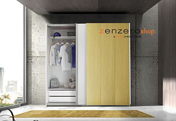 Set zona notte con Armadio Vertigo, Comò e Coppia Comodini, Bianco opaco e Giallo