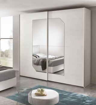 Camera da letto completa, finitura Olmo Bianco e ecopelle con dettagli Visone