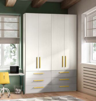 Armadio scontato per camerette in finitura Bianco larice, Grigio seta e Senape