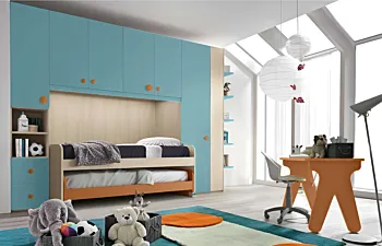 Cameretta a ponte con due letti, finitura Rovere ambra, Terracotta e Celeste