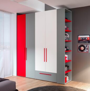 Armadio battente camerette con libreria Moretti Compact, Bianco, Grafite e Ciliegia
