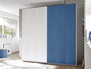 Set zona notte con Armadio Vertigo, Comò e Coppia Comodini, Bianco opaco e Blu