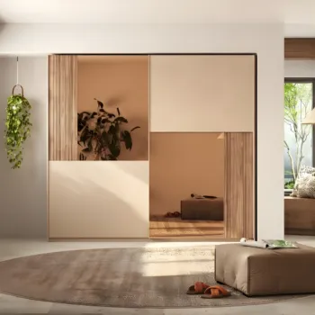 Armadio 2 ante scorrevoli specchi bronzo, Cashmere e cannettato Noce caramello