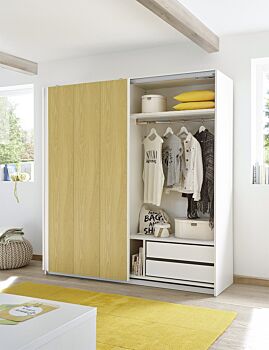 Set zona notte con Armadio Vertigo, Comò e Coppia Comodini, Bianco opaco e Giallo