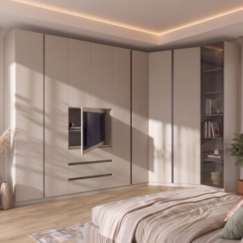 Armadio con pannello tv e cabina, Cashmere e Antracite, 396x166 