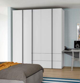 Armadio battente Bianco opaco, 5 ante e 4 cassetti