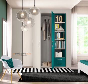 Armadio H.195 con 3 ante battenti, 2 cassetti e libreria in finitura Petrolio LACCATO e Larice
