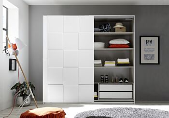 Armadio moderno 2 ante scorrevoli con forme geometriche, 220x210, bianco opaco
