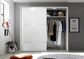 Armadio moderno 2 ante scorrevoli con forme geometriche, 220x210, bianco opaco