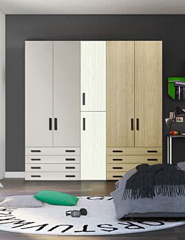 Armadio moderno L.226 a 6 ante e 8 cassetti H.257, finiture Rovere bianco, Royal Oak e Grigio Dorian