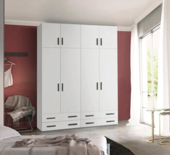Armadio moderno L.181 a 8 ante e 4 cassetti H.257, finiture Bianco Opaco